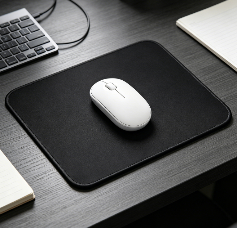 Minimalist solid black mouse pad; waterproof, non-slip, and spill-resistant fabric; stitched edges; suitable for home and office.