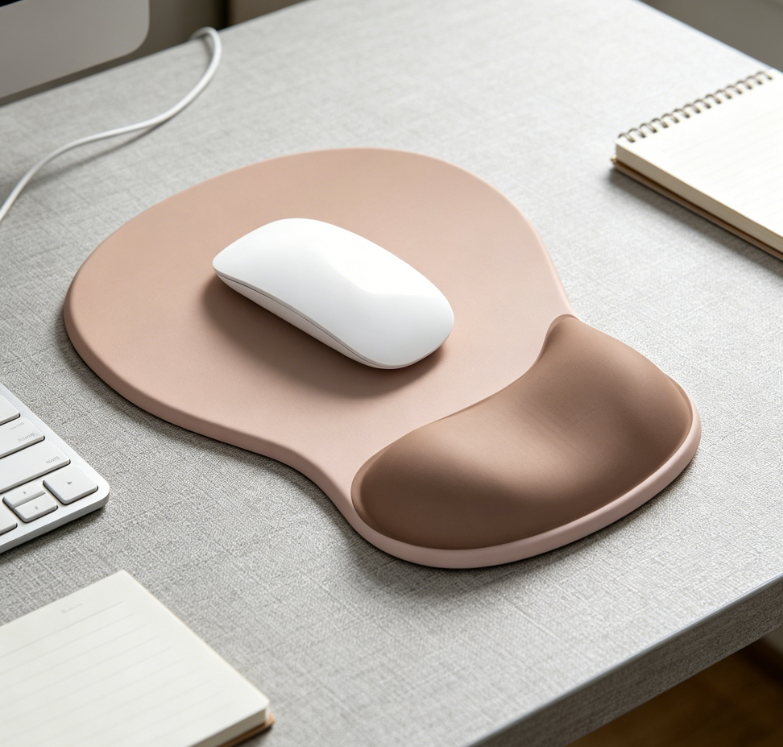 Mocha-sand ergonomic wrist-rest mouse pad; non-slip base; comfortable wrist support; stylish desk accessory for gaming.