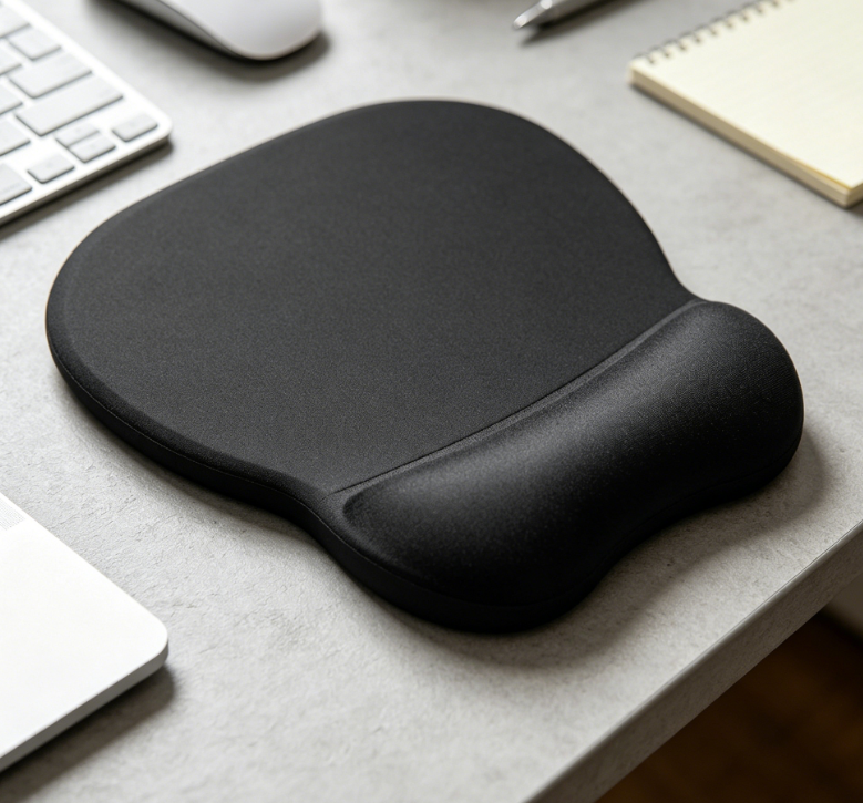 Black ergonomic gel wrist-rest mouse pad; smooth surface; non-slip PU base; relieves office-related wrist discomfort.