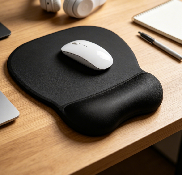 Black ergonomic gel wrist-rest mouse pad; smooth surface; non-slip PU base; relieves office-related wrist discomfort. - Image 2
