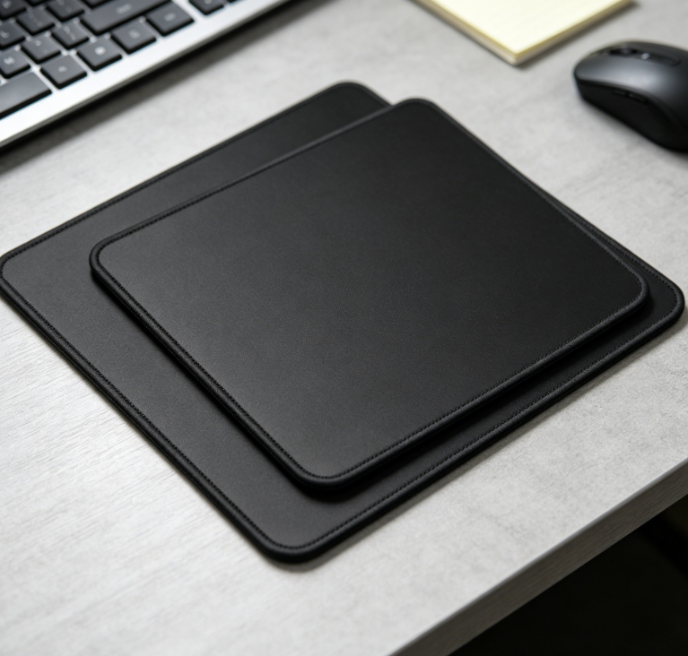 Multi-pack black universal mouse pads; washable Lycra surface; non-slip PU base; fully stitched edges.