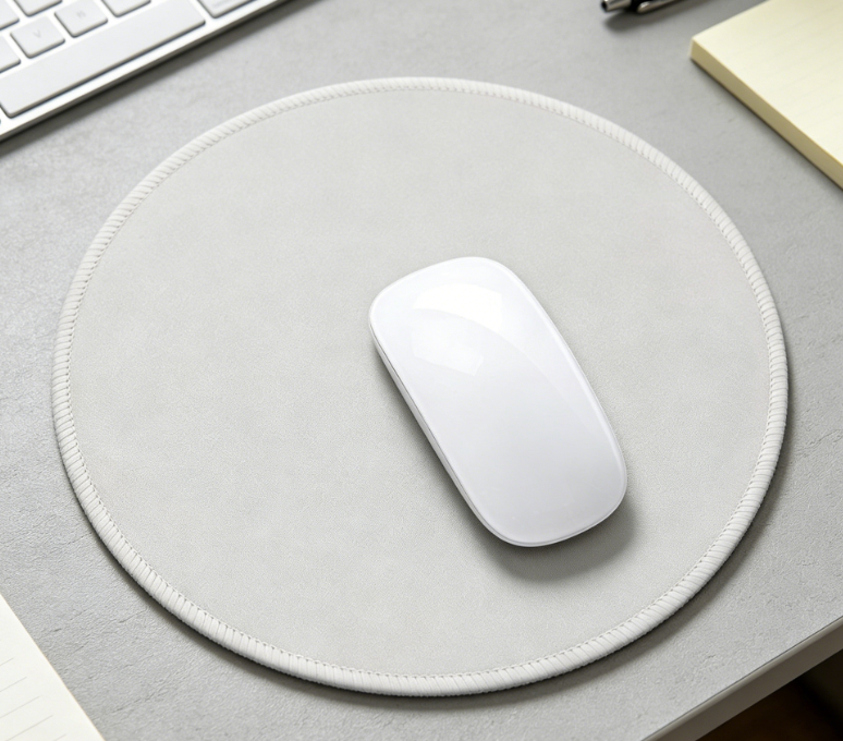 Minimalist grey round mouse pad featuring a waterproof, non-slip design and stitched edges; suitable for students, office work, and gaming