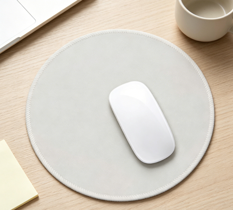 Minimalist grey round mouse pad featuring a waterproof, non-slip design and stitched edges; suitable for students, office work, and gaming - Image 2