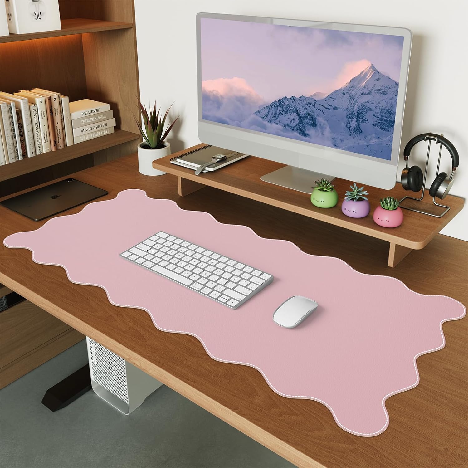 Curved Edge Pink PU Leather Desktop Mat, Oversized Anti Slip Keyboard And Mouse Pad, Multi Scene Surface Mat For Cosmetic Table, Office And Dormitory