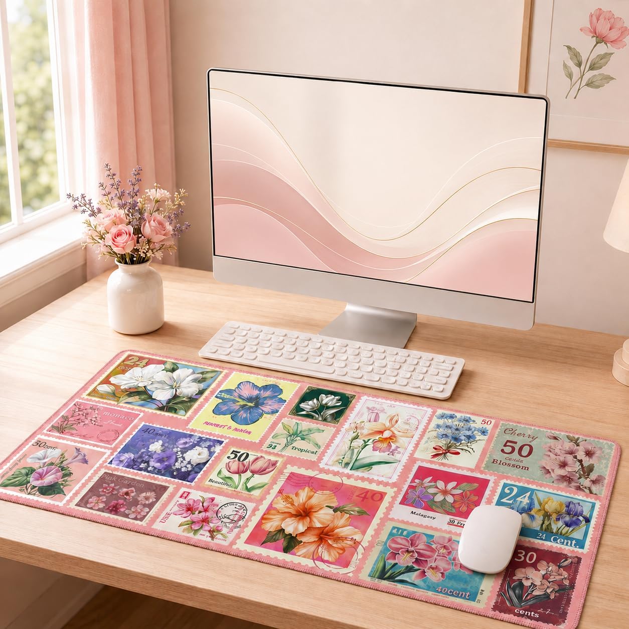 Retro Floral Pink Oversized Desktop Mat, Anti Slip Full Size Keyboard And Mouse Pad With Stitched Edges, Stylish Decorative Desk Accessory For Daily Office Use