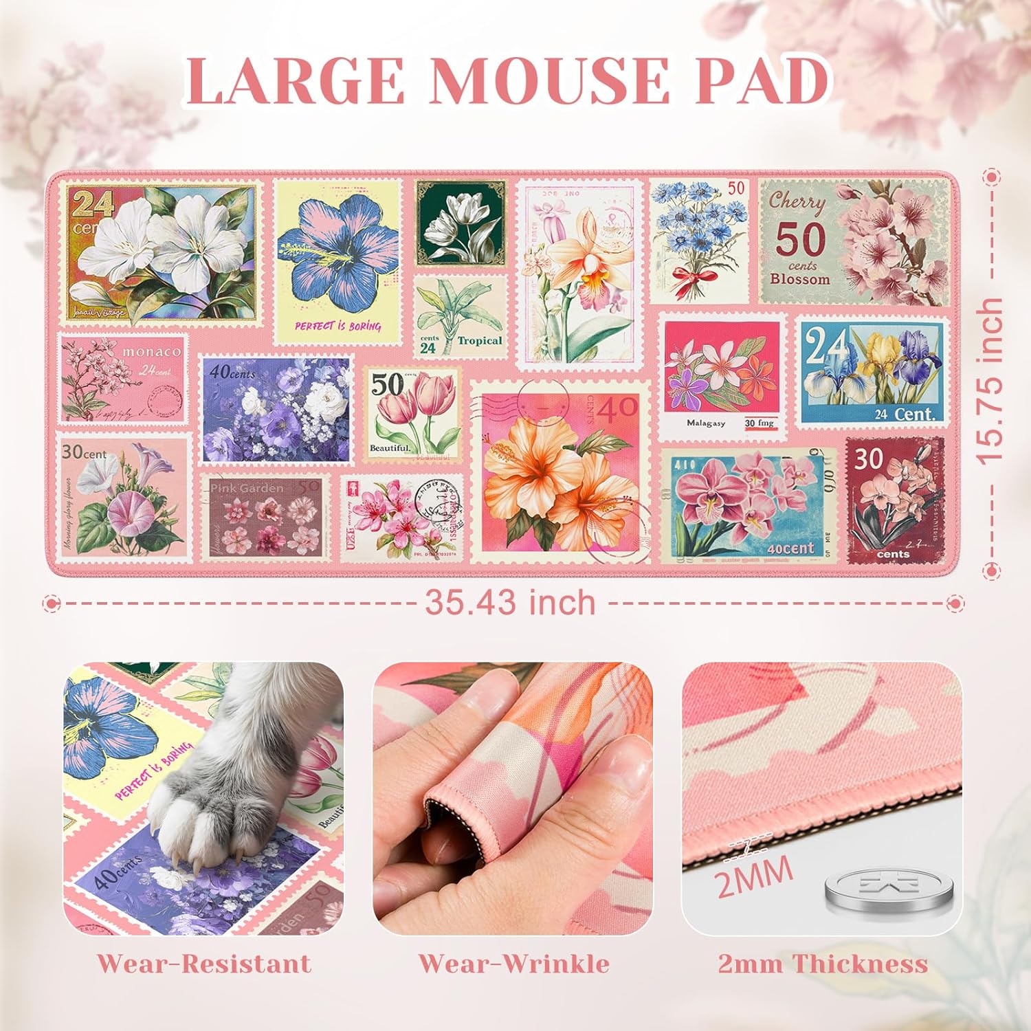 Retro Floral Pink Oversized Desktop Mat, Anti Slip Full Size Keyboard And Mouse Pad With Stitched Edges, Stylish Decorative Desk Accessory For Daily Office Use - Image 2
