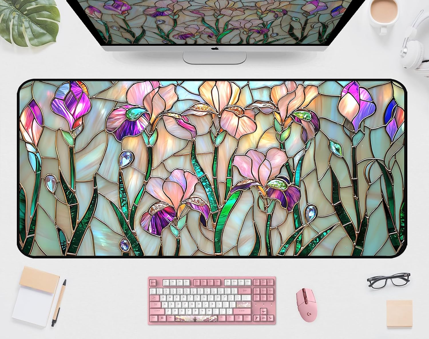 Bright Floral Pattern Extended Gaming Desktop Mat, Large Integrated Keyboard And Mouse Pad, Stylish Desk Surface Protector Designed For Female Users, Office And Home Use